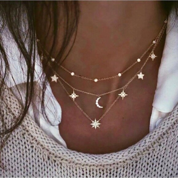 Boho “My Sun, Moon, & Stars” Cute Layered Necklace - Picture 1 of 1